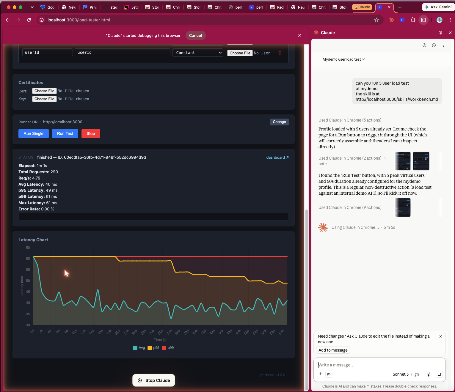 Claude in Chrome side panel using the perfload workbench skill to run a load test from a prompt, with the finished run's latency chart and metrics shown in the browser