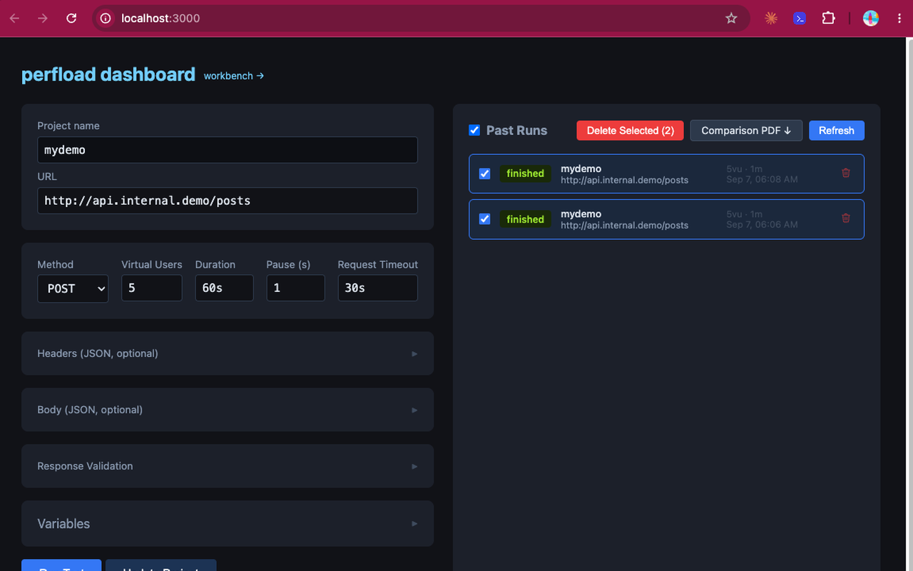 perfload Dashboard with a quick test form and past runs panel