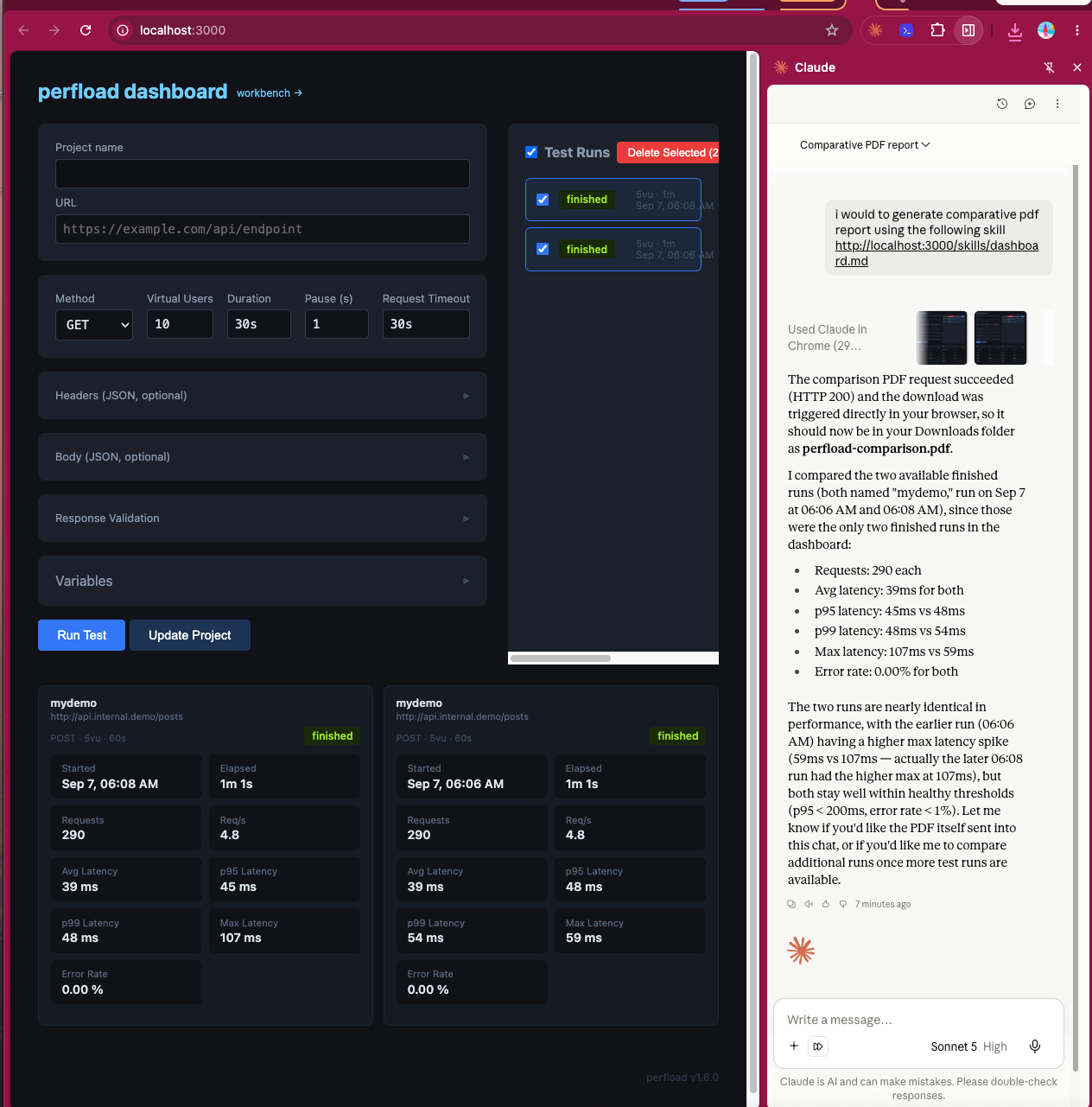 Claude in Chrome side panel using the perfload dashboard skill to compare two test runs and generate a PDF report, with the resulting metric-by-metric latency comparison
