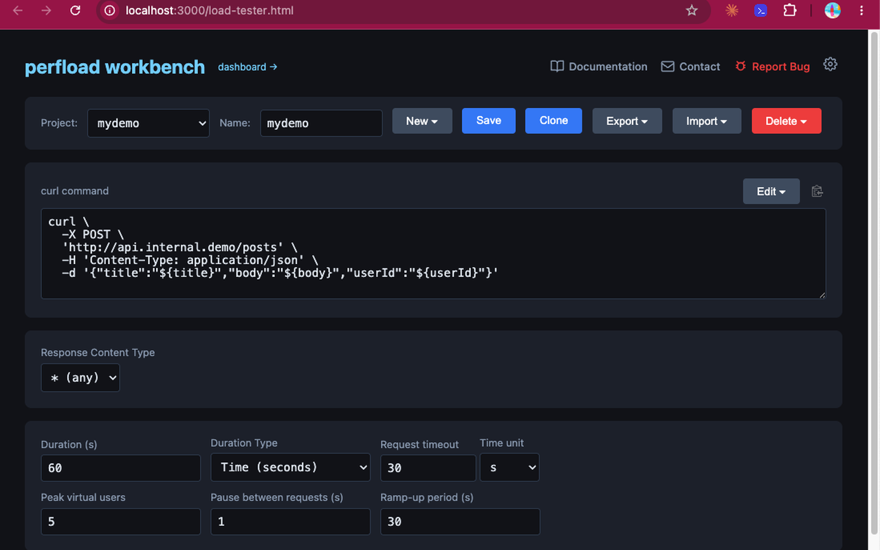 perfload Workbench showing a curl command being turned into a load test